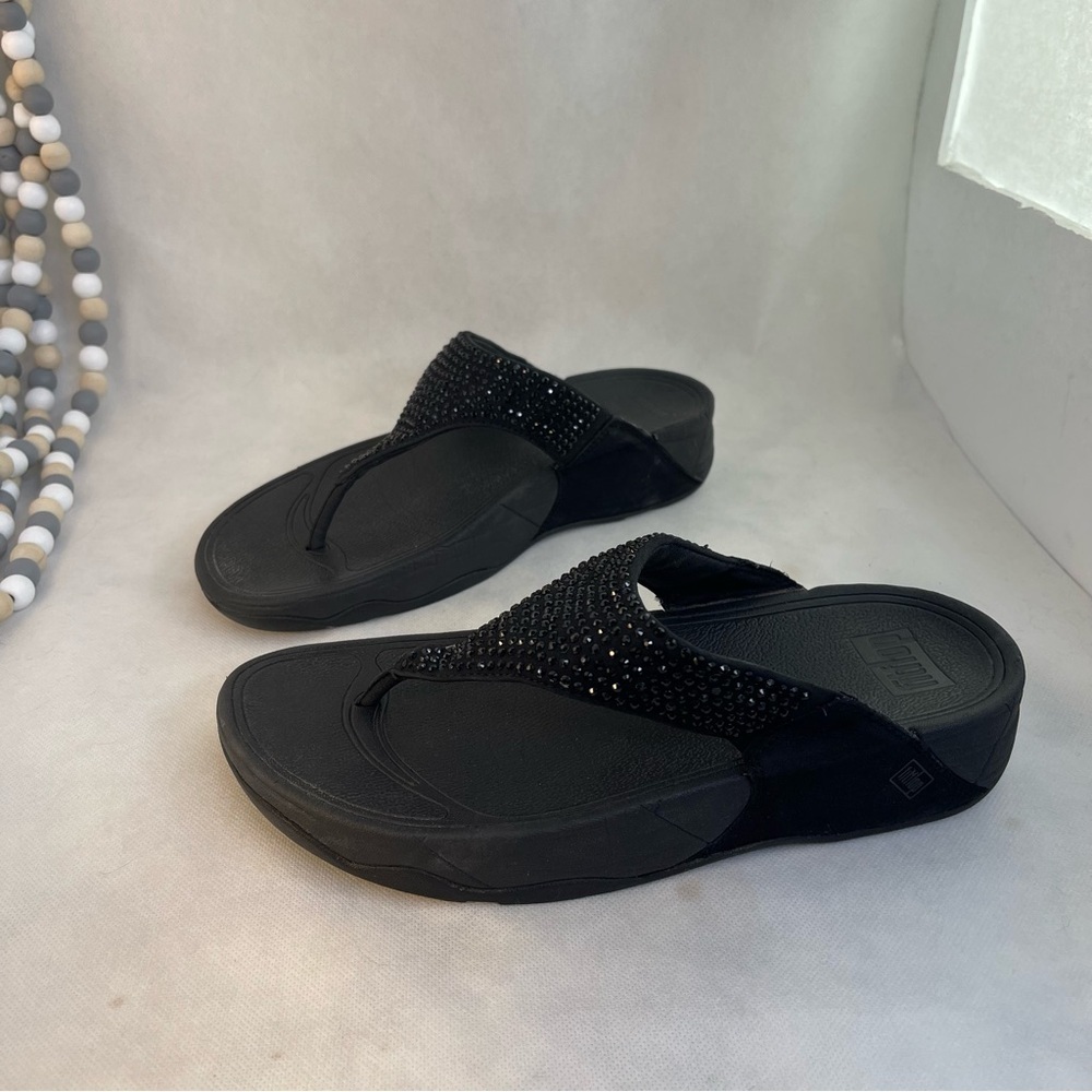 FitFlop Lulu Crystal Embellished Sandal Thong Wedge Slip On Black Sz 7 Black